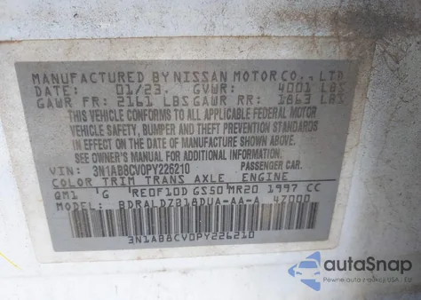 2023 Nissan Sentra Sv Xtronic Cvt z USA, uszkodzony, nr VIN 3N1AB8CV0PY226210